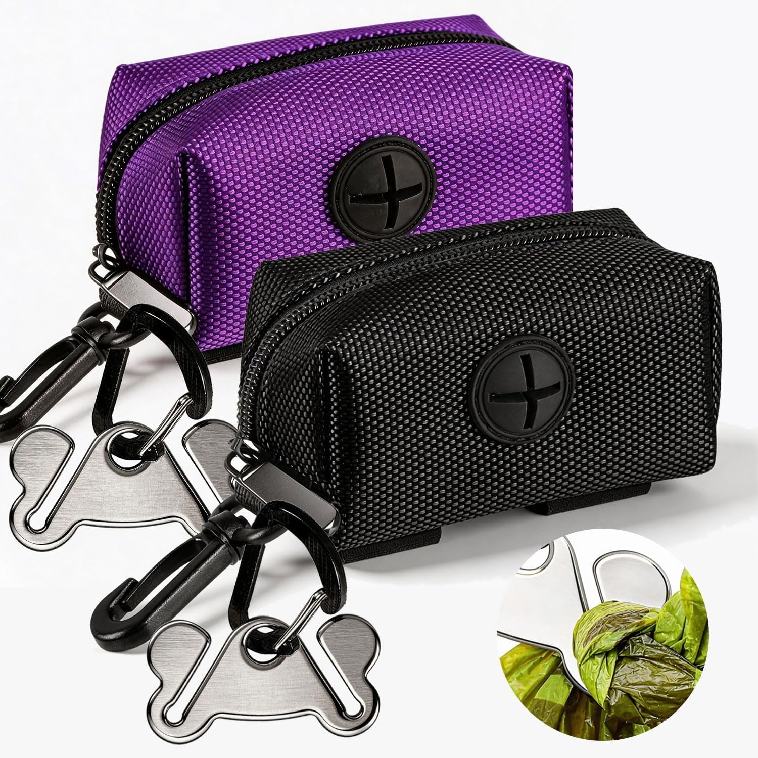 2 Pack Dog Poop Bag Holder for Leash Attachment - Waste Bag Dispenser for Leash - Fits Any Dog Leash - Portable Set with 1 Hand Free Holder Metal Carrier - Black&Purple