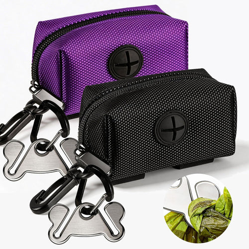 2 Pack Dog Poop Bag Holder for Leash Attachment - Waste Bag Dispenser for Leash - Fits Any Dog Leash - Portable Set with 1 Hand Free Holder Metal Carrier - Black&Purple